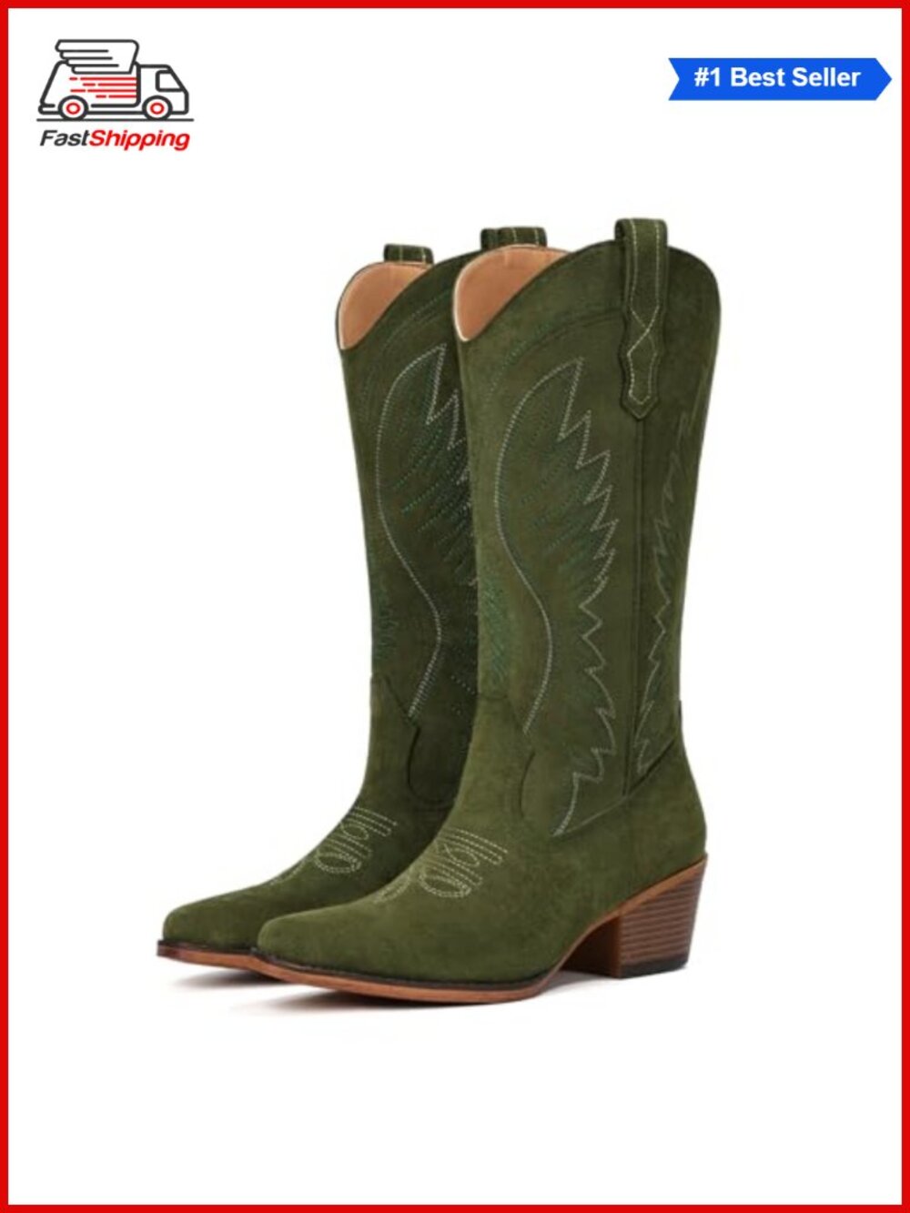 ✨Suede Cowboy Boots Mid-Calf Western Snip Toe Chunky Heel Pull-On